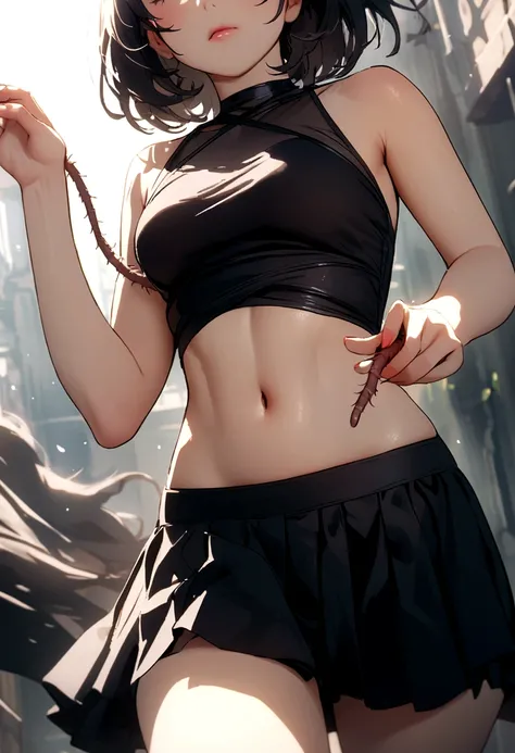 Girl dressed in black top and skirt putting worms in her navel