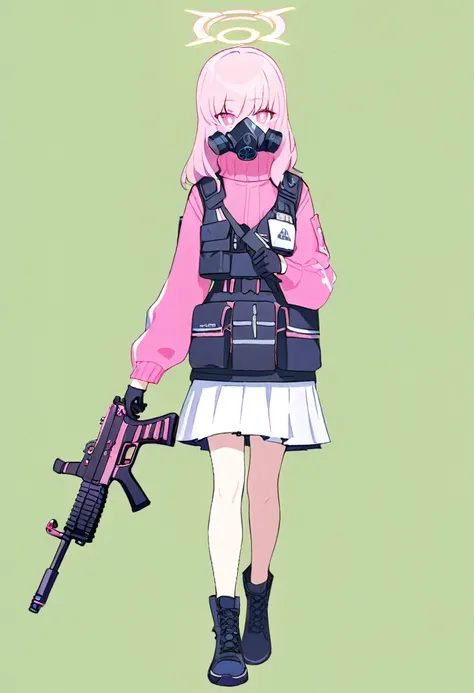 1 girl, pink long hair, Black swat vest, wear Black gloves, Wearing a gas mask, White skirt, pink sweater, pink pupils, holding a pink assault rifle, full body-view, blue archive style, green backgrounds.