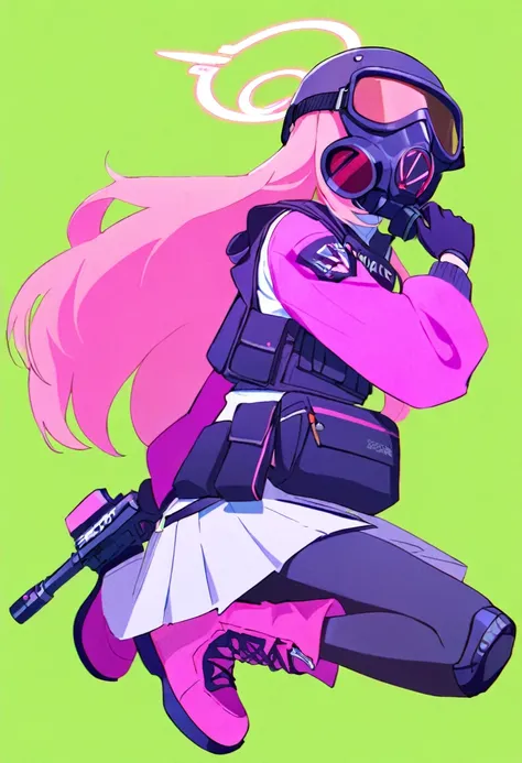 1 girl, pink long hair, Black swat vest, wear Black gloves, Wearing a gas mask, White skirt, pink sweater, pink pupils, holding a pink assault rifle, full body-view, blue archive style, green backgrounds.