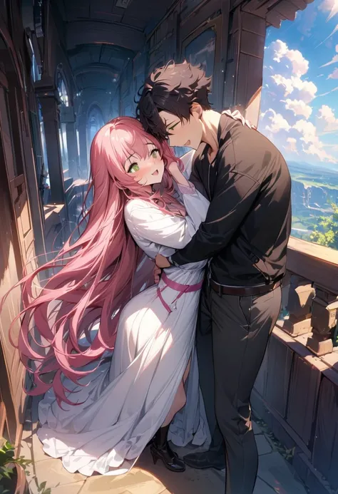 (couple), girl and boy, sky, rich in detail, embrace, happy expression, love, super wide angle, 1girl, (((masterpiece, best quality, scenery, aesthetic, heavenly))), ((girl with red eyes, vibrant pink long hair)), ((intimate)), 1boy, ((boy with green eyes,...