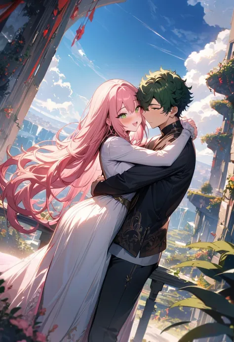 (couple), girl and boy, sky, rich in detail, embrace, happy expression, love, super wide angle, 1girl, (((masterpiece, best quality, scenery, aesthetic, heavenly))), ((girl with red eyes, vibrant pink long hair)), ((intimate)), 1boy, ((boy with green eyes,...