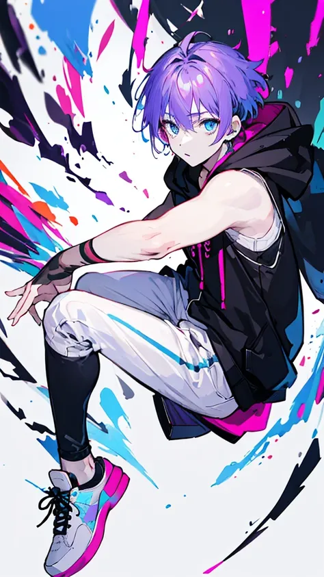 ((Highest quality)), ((masterpiece)), ((1 person)),Perfect Face、male、Purple hair color、Light blue eyes、Very short hair、vocal、pale colour、whole body、Wear sneakers、No background、Wear a black hoodie