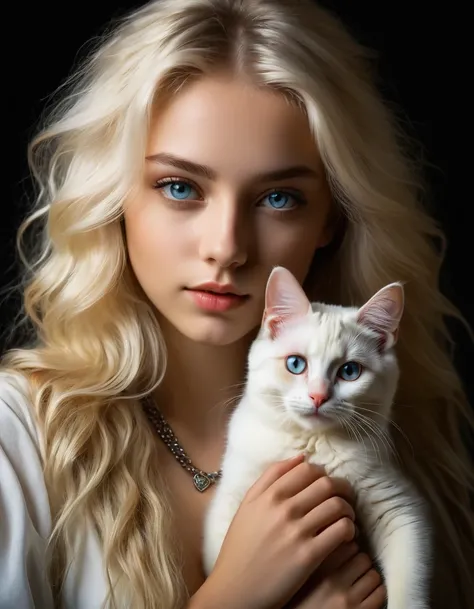 very attractive 25 year old caucaseian girl with long platinum blonde hair, beautiful young woman with a cat, fine art, black background, Rembrandt light, --ar 2:3, (masterpiece:1.4), (best quality:1.4), RAW photo, (raecmbr-2650:0.9), (r4ec4mbr4:0.95), (re...