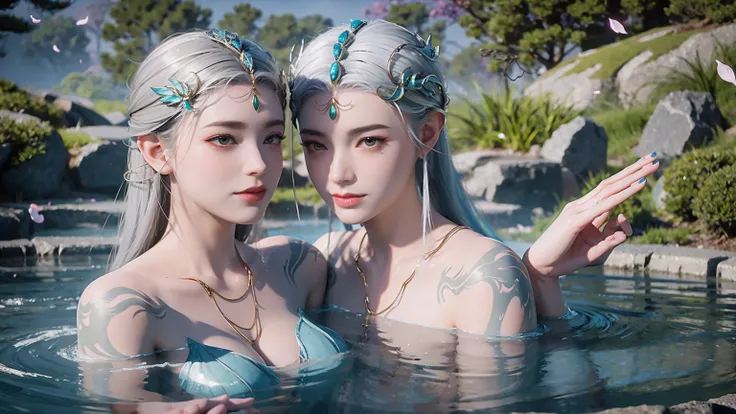 There was a woman，Gray hair，Bathe in hot springs，Hands touching water，cyan nails，Hot spring mist，Fluttering petals，Girl bathing with exposed shoulders and arms，fantasy style 8 k octane render, Meticulous rendering, 4K detail fantasy, closeup fantasy with w...