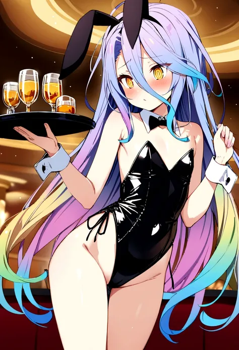 masterpiece,Highest quality,High resolution,Super detailed,Shiro (no game No life),Long Hair,Multicolored Hair,Hair between the eyes,Gradient Hair,Yellow Eyes,Flat Chest,Bunny ears,Playboy Bunny,casino,Holding Tray,Embarrassing,blush,Are standing,