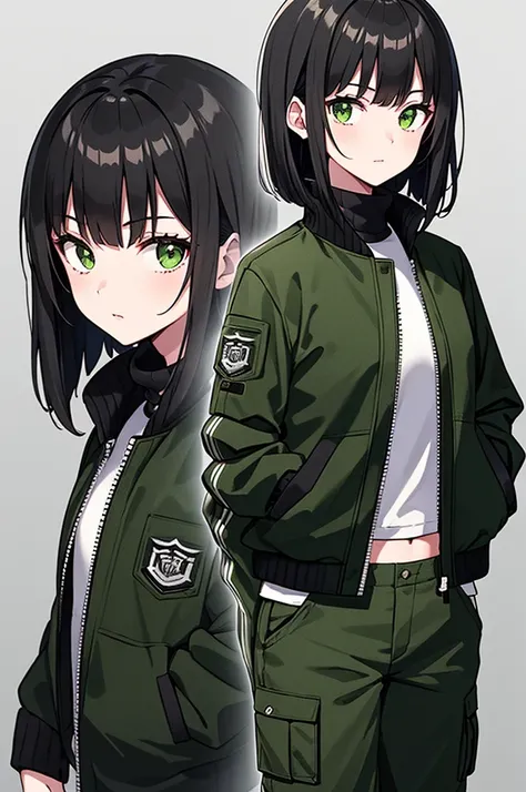 ((Masterpiece, Highest quality)), Detailed face, Black and white,, a girl in a black jacket and green Cargo pants standing, wearing Cargo pants, a green colored bomber jacket, Cargo pants , wearing dark green bomber jacket, black bomber jacket, black rugge...