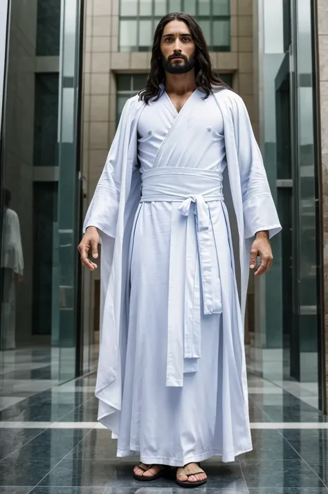 ((best quality)), ((masterpiece)), (detailed), Jesus dressed in a white robe down to his feet,with a blue shoulder sash.with short black hair.standing in front of the united nations building,and knocking on the front glass windows.