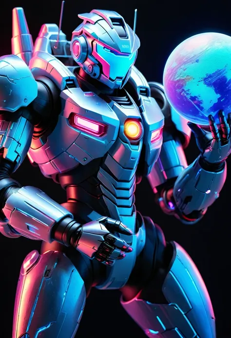 A mecha warrior holds a planet in his arms，close up，Glowing fluorescent feeling，Transparency，dream，Monets color scheme，Texture Matte，high quality，High Definition,Rose red，blue，Neon light，black background，