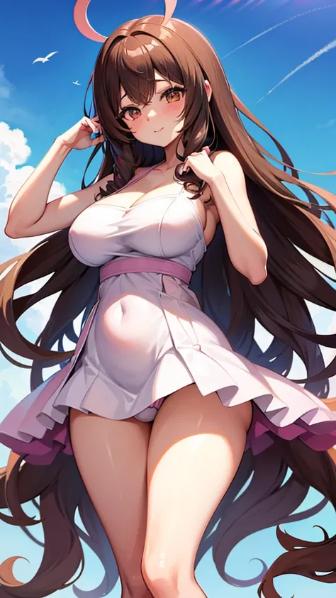 Anime girl, thick and curvy, long curly brown hair with bangs, brown eyes, pastel coquette aesthetic
