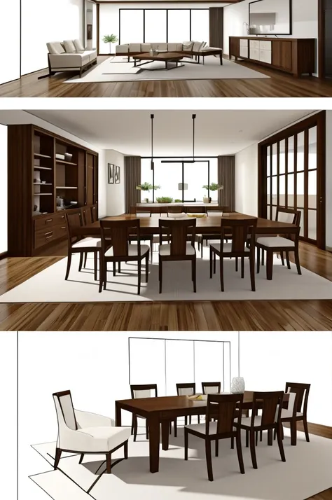 Based on Figure 1, produce a set of dining tables with a design that fits the limited area of the house by using sketching and rendering.