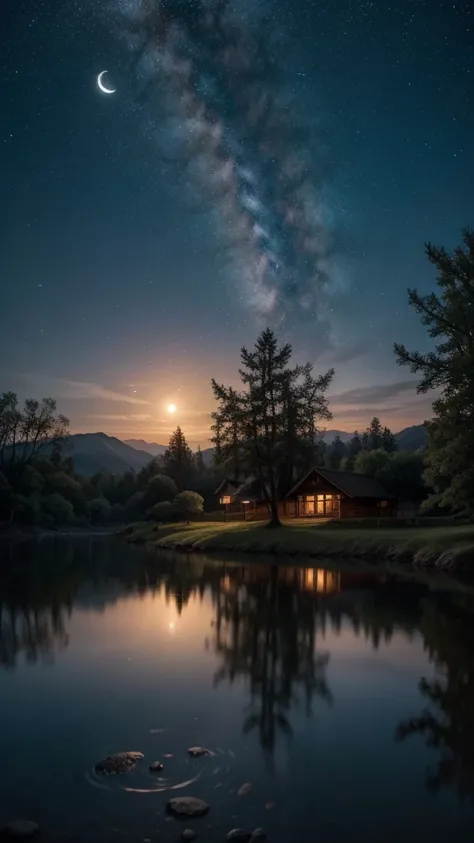 Por favor, generate images that capture the serenity and mystery of the early morning, reflecting the stillness and beauty of the night. Images must include elements such as a starry sky, the soft light of the moon, peaceful and natural landscapes, and per...