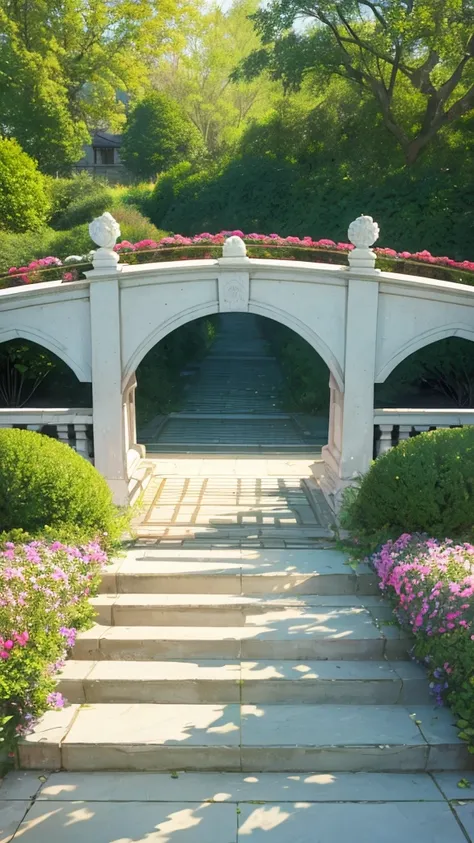 Ultra detail, realistic, masterpiece, high resolution, Soft morning light. Focus the party garden on the bridge. Bridge china. the garden is inside the bridge. The flower garden is on the bridge. Peacefull