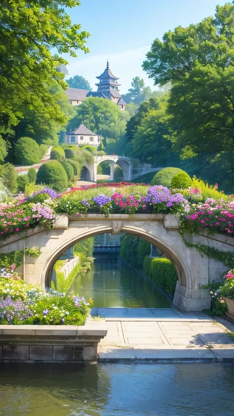 Ultra detail, realistic, masterpiece, high resolution, Soft morning light. Focus the party garden on the bridge. Bridge china. the garden is inside the bridge. The flower garden is on the bridge. Peacefull