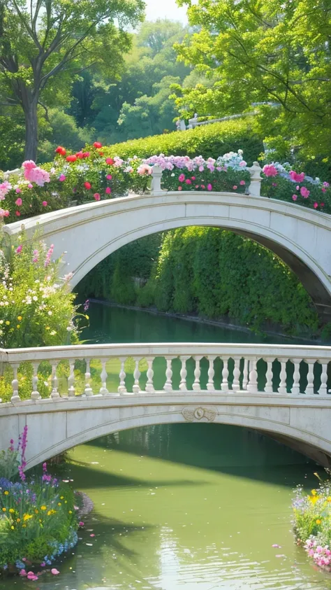 Ultra detail, realistic, masterpiece, high resolution, Soft morning light. Focus the party garden on the bridge. Bridge china. the garden is inside the bridge. The flower garden is on the bridge. Peacefull