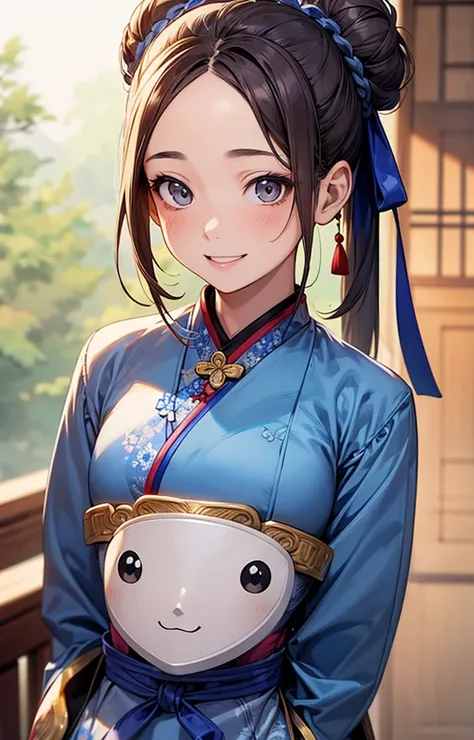 Highest quality、Realistic、Japanese、girl、zoom、cute、Grey Eyes、Hair Bun、Chestnut Hair、Back to all、the forehead is protruding、Blue Chinese Dress、Looking down、Big smile、Bust Shot、thin、Small breasts