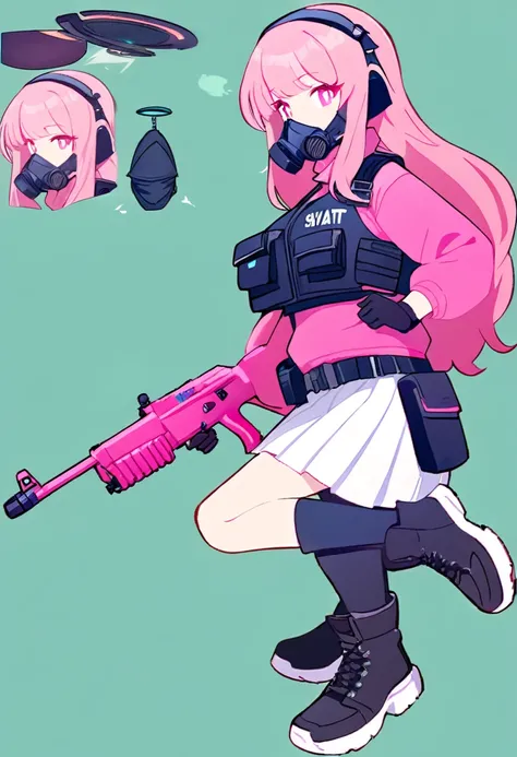 1 girl, pink long hair, large breast, Black swat vest, wear Black gloves, Wearing a gas mask, White skirt, pink sweater, pink pupils, holding a pink assault rifle, full body-view, blue archive style, green backgrounds.