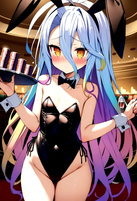 masterpiece,Highest quality,High resolution,Super detailed,Shiro (no game No life),Long Hair,Multicolored Hair,Hair between the eyes,Gradient Hair,Yellow Eyes,Flat Chest,Bunny ears,Playboy Bunny,casino,Holding Tray,Embarrassing,blush,Are standing,