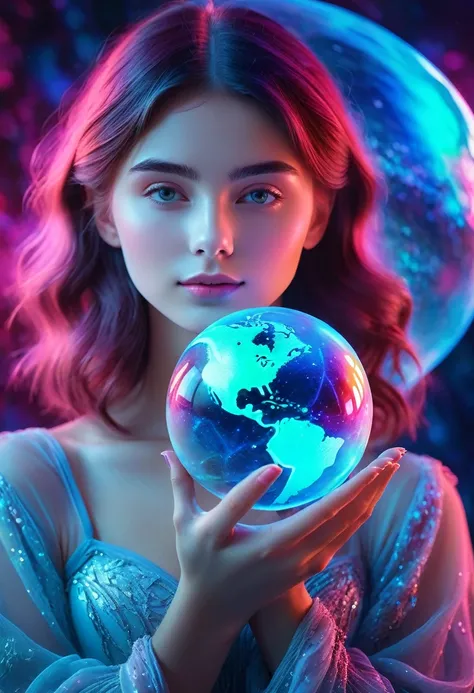 A girl holding a planet in her arms，close up，Glowing fluorescent feeling，Transparency，dream，Monets color scheme，Texture Matte，high quality，High Definition，Rose red，blue，Neon light，Space Background