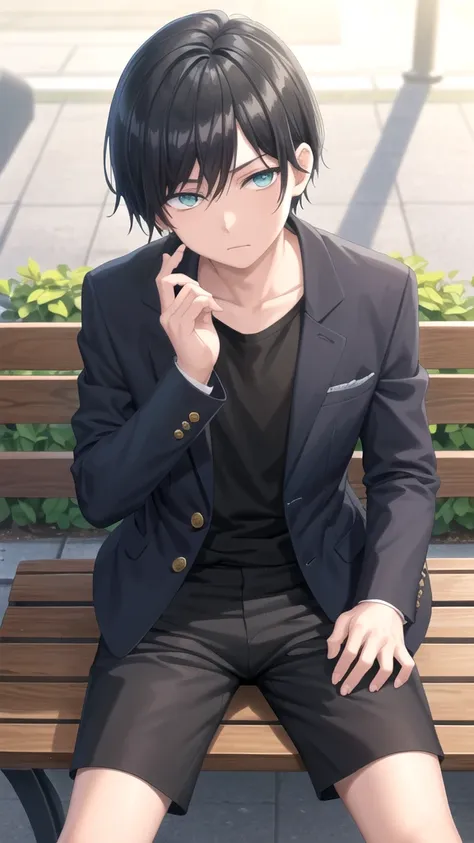 masterpiece, best quality, high quality, 1boy, solo, 14-year-old boy,evil boy,male focus, looking at viewer , black hair, old-school swoop haircut,blue jacket,black shorts, emerald eyes, sitting on a bench 