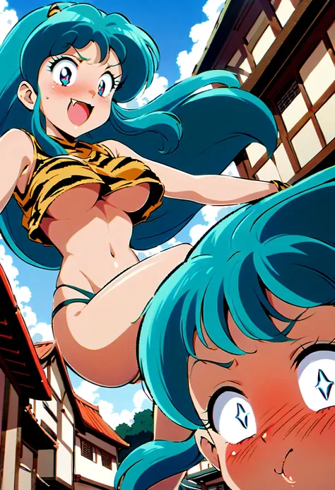 score_9, score_8_up, score_7_up, lum, solo, retro artstyle, 1980s style, breasts, blue eyes, eyeshadow, green hair, bangs, aqua hair, dynamic angle, large breasts, large ass, loose cropped tiger-stripped sweatshirt, underboob, skinny, thong, flashy clothin...