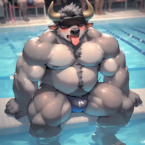 masterpiece, best quality, 8k resolution, Very detailed, hairy，(((buffalo))，(((Mature)))，(((Strong)))，(((Dark gray hair)))，portrait，(((Sitting in the pool)))，For the audience，Highest quality scene，(((whole body)))，(((Sweating)))，(((thong)))，(((Shirtless)))...