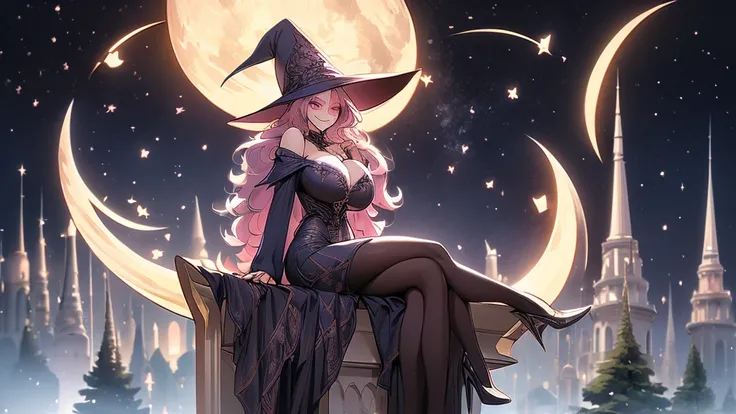 (high detailed) a 47 yos woman, extremely large  huge hairstyle, two toned hair, pink Sharp eyes, grim, smile, witch hat, busty, purple witch clothes, Long sleeves, large lenght skirt, Full body, background a dead-forest