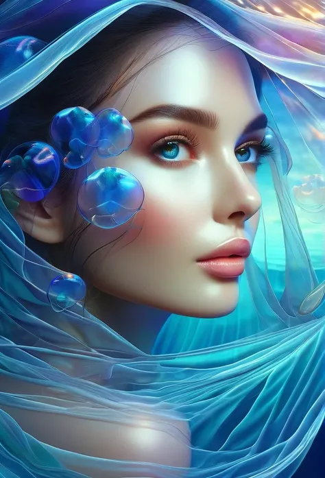 Beautiful face, big-eyed woman 20 years old jellyfish, transparent full body,
floating body, blue jellyfish underwater, sheer long jellyfish style veil, Fitness Endomorph, Dynamic pose,
glossy and shiny skin, A slight smile, fantasy art, digital art, delic...