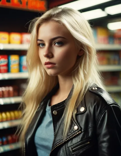 very attractive 25 year old caucasian girl with long platinum blonde hair, full body photo of a 25 year old english woman, tee, leather jacket, jeans, 80s convenience store, very detailed, atmospheric haze, film grain, cinematic film still, shallow depth o...