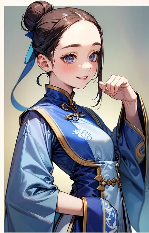 Highest quality、Realistic、girl、zoom、cute、Grey Eyes、Hair Bun、Chestnut Hair、Back to all、the forehead is protruding、Blue Chinese Dress、Looking down、Big smile、thin、Small breasts