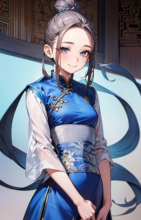 Highest quality、Realistic、girl、zoom、cute、Grey Eyes、Hair Bun、Chestnut Hair、Back to all、the forehead is protruding、Blue Chinese Dress、Looking down、Big smile、thin、Small breasts