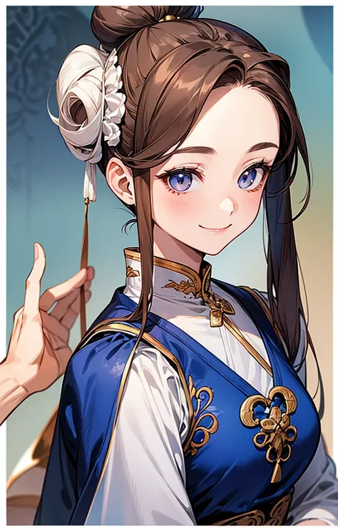 Highest quality、Realistic、girl、zoom、cute、Grey Eyes、Hair Bun、Chestnut Hair、Back to all、the forehead is protruding、Blue Chinese Dress、Looking down、Big smile、thin、Small breasts