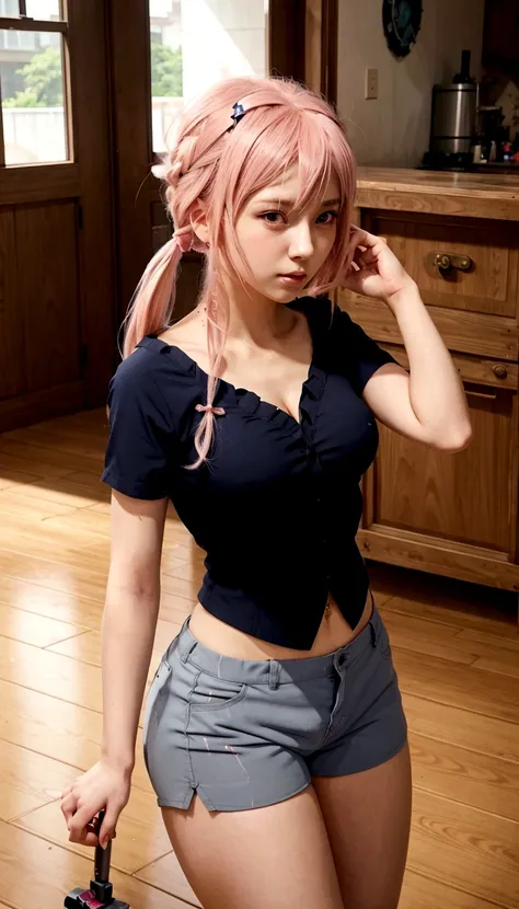 anime girl with pink hair and blue shorts holding a knife, seductive anime girl, I will also make fanart., soft anime cg art, anime girl, biomechanical OPPAI, attractive anime girl, anime moe art style, pose casual, young anime girl, cushart krenz art key ...