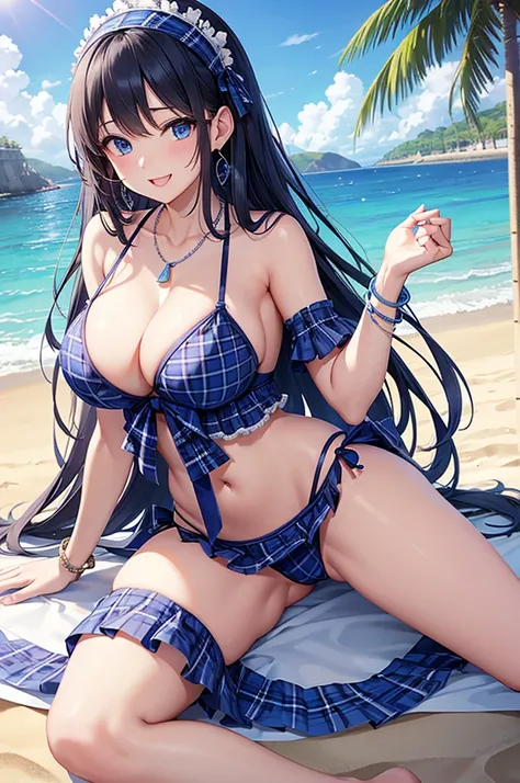 Highest quality、Highest quality、masterpiece、(8K),Beauty(Age 25)、Navy blue long hair、blue eyes、Sexy Bikini(Plaid)、Big cleavage、(Big Breasts)、smile、blue necklace、Blue Earrings、background(Beach)、Please open your mouth wide、White headband、bracelet、Dynamic pose