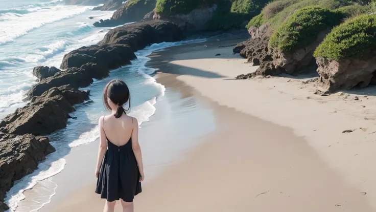 A girl standing on the beach、solo、Back view、11 year old girl、Black Hair、4K、（（Masterpiece））、（Delicate）