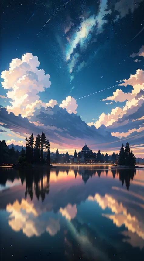 High quality masterpiece, landscape, anime train passing through bodies of water on tracks, bright starry sky. Romantic train, pixiv, concept art, lofi art style, reflection. by Makoto Shinkai, lofi art, Beautiful anime scene, Anime landscape, detailed sce...