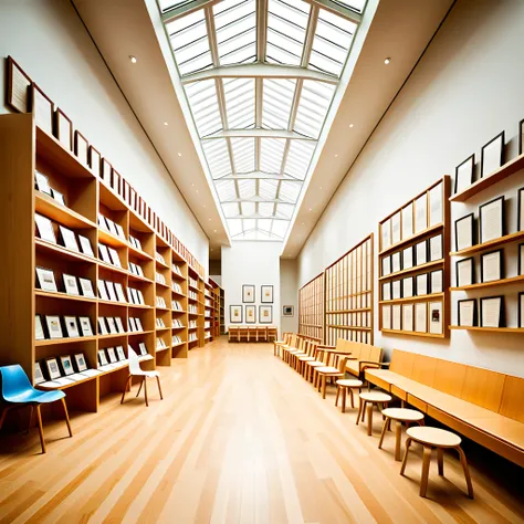 Create a hyper-realistic image of a chair museum with a perspective angle that emphasizes the large space and rows of shelves displaying chairs. The museum should have high ceilings and large windows allowing natural light to stream in. The shelves should ...