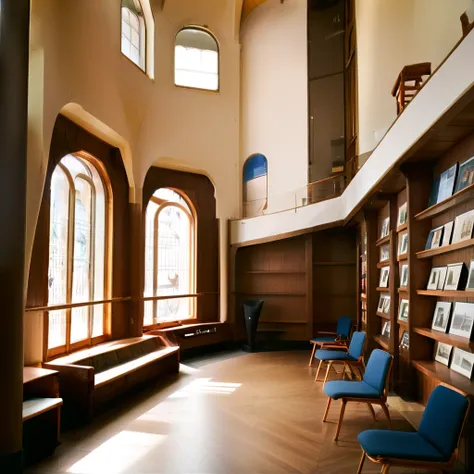 Create a hyper-realistic image of a chair museum with a perspective angle that emphasizes the large space and rows of shelves displaying chairs. The museum should have high ceilings and large windows allowing natural light to stream in. The shelves should ...