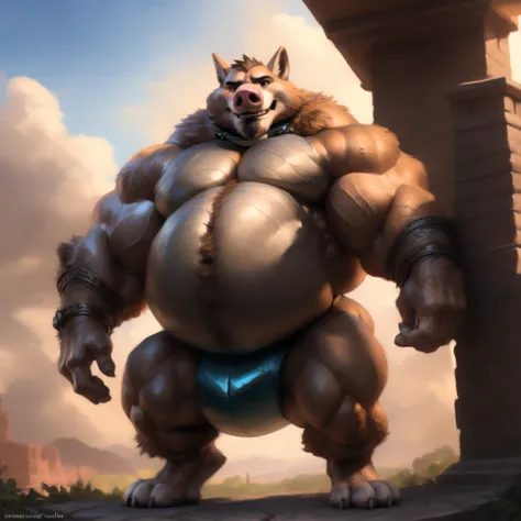 Zootopia Pig Shonen Anime style, full body image, Casual, neighborhood style, big obese Kid (very Hairy), in Zootopia toga clothes, He is a huge obese Sumo in huge obese weight gain process, detailed face, detailed eyes, detailed nose, defined face, big be...