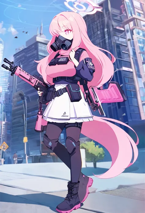 1 girl, pink long hair, large breast, Black swat vest, wear Black gloves, Wearing a gas mask, White skirt, pink sweater, pink pupils, holding a pink assault rifle, full body-view, blue archive style, city backgrounds.