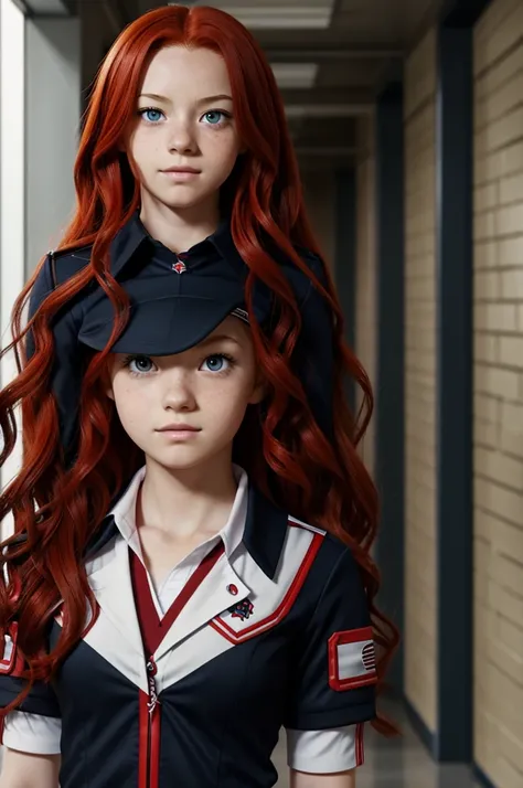 Screenshot of my hero academia.
Girl with long wavy red hair, with red eyes/black, with few freckles, with the My Hero Academia uniform and in the background in the school hallway.