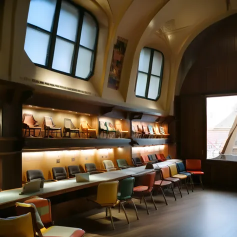 Create a hyper-realistic image of a chair museum with a perspective angle that emphasizes the large space and rows of shelves displaying chairs. The museum should have high ceilings and large windows allowing natural light to stream in. The shelves should ...