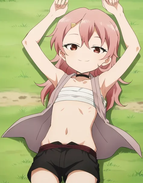 benisumomo, anime coloring ,BREAK source_anime, anime, long hair, hair ornament, red eyes, navel, pink hair, choker, hairclip, flat chest, black choker, sarashi, chest sarashi, black shorts, high quality, solo, lying, on back, arms up, spread arms, closed ...