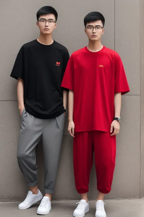 21 year old Beijing boy, he is wearing a oversize xxl red plain t-shirt, he is wearing black trousers, he is wearing sneakers, he is wearing glasses, city, full body,  he is buzz cut Hair, foot, walking 