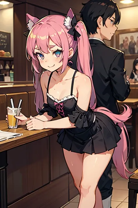 young girl with pink hair long twin-tail hairstyle, small thick eyebrows, with gothic lolita clothes, lolicon (Zankuro) drawing style of the zankuro artist, Zancrow style, image uploaded to R34, walking in the mall, flirty smile , suddenly having sex in pu...