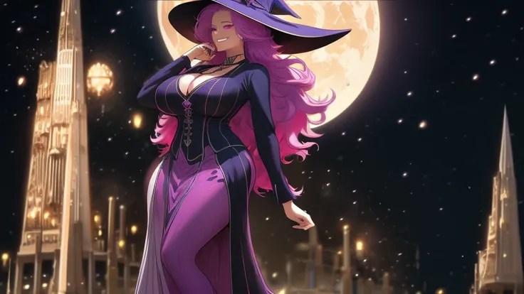 (high detailed) a 47 yos woman, extremely large  huge hairstyle, two toned hair, pink Sharp eyes, grim, smile, witch hat, busty, purple witch clothes, Long sleeves, large lenght skirt, Full body, background a dead-forest