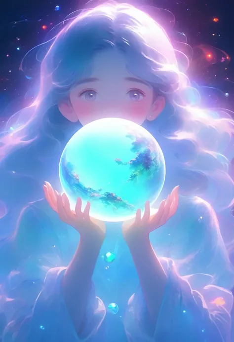 A girl holding a planet in her arms，close up，Glowing fluorescent feeling，Transparency，dream，Monets color scheme，Texture Matte，high quality，High Definition，Rose red，blue，Neon light，Space Background