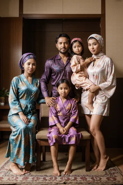 A 35 year old man wearing batik clothes,a 31 year old woman wearing a batik robe and hijab, a 13 year old girl wearing a batik robe and a headscarf,a 4 year old girl wearing a batik dress ,sit on the chair,family room background ,sit on the chair 