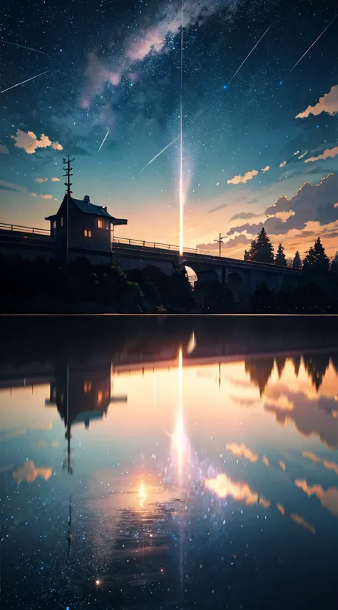 High quality masterpiece, landscape, anime train passing through bodies of water on tracks, bright starry sky. Romantic train, pixiv, concept art, lofi art style, reflection. by Makoto Shinkai, lofi art, Beautiful anime scene, Anime landscape, detailed sce...