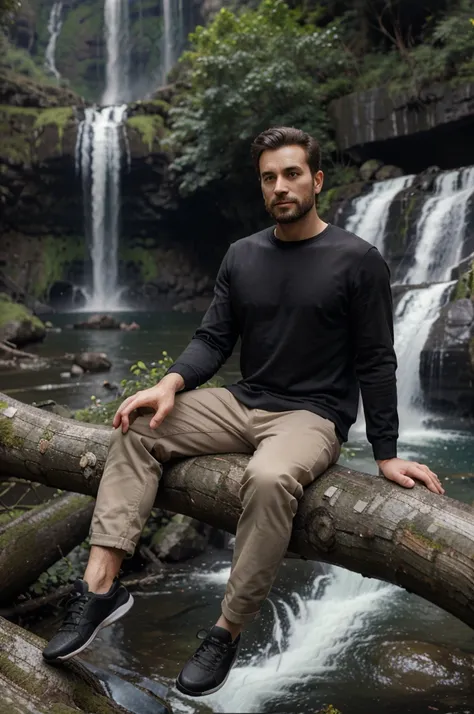 3d caricature of a 30 year old man,long-sleeved clothes,sitting on a tree branch with a waterfall in the background 