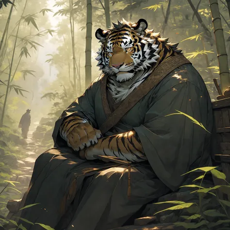 In the dense forest, the cursed black tiger with black fur wears a bamboo hat and lives in seclusion in the mountains and forests. Sitting next to the wooden ancient house, he looks out into the distance. The mature, deep, and experienced black tiger with ...